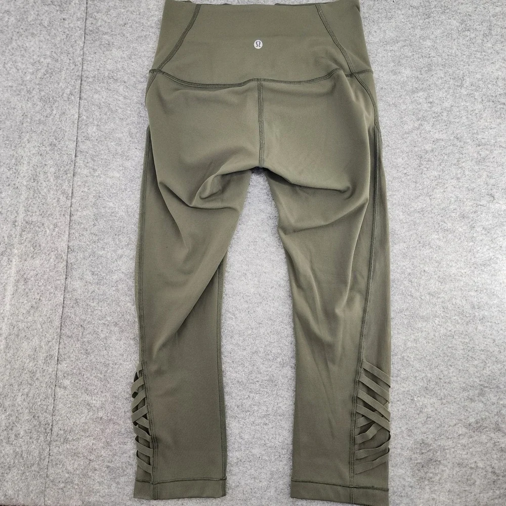 Lululemon Sz 6 Olive Green Strappy Mesh High Rise‎ Crop Leggings Yoga Gym Womens